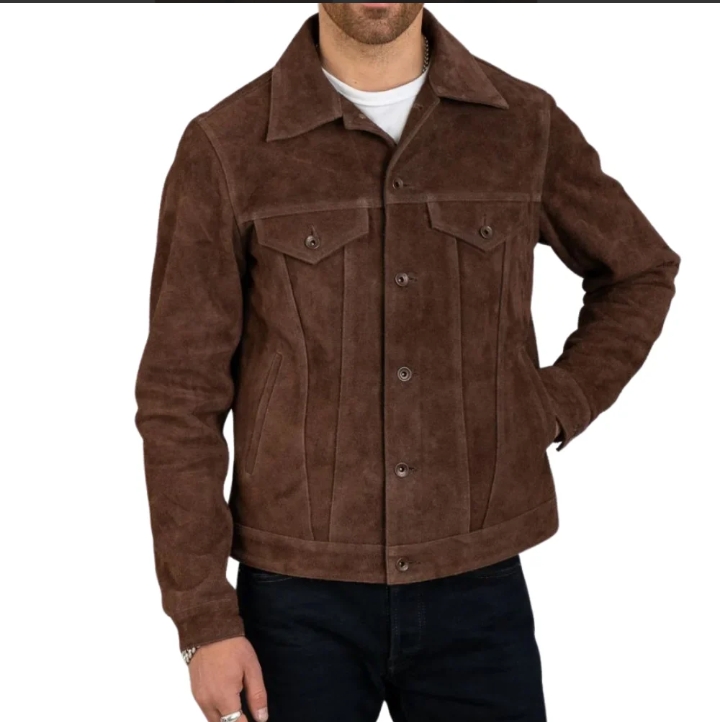 james men's shirt collar dark brown suede leather trucker jacket