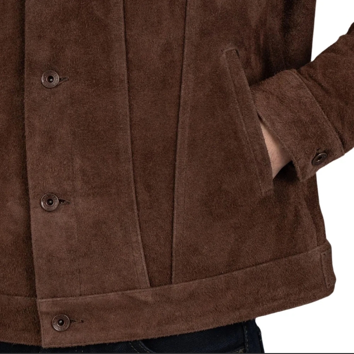 james men's shirt collar dark brown suede leather trucker jacket