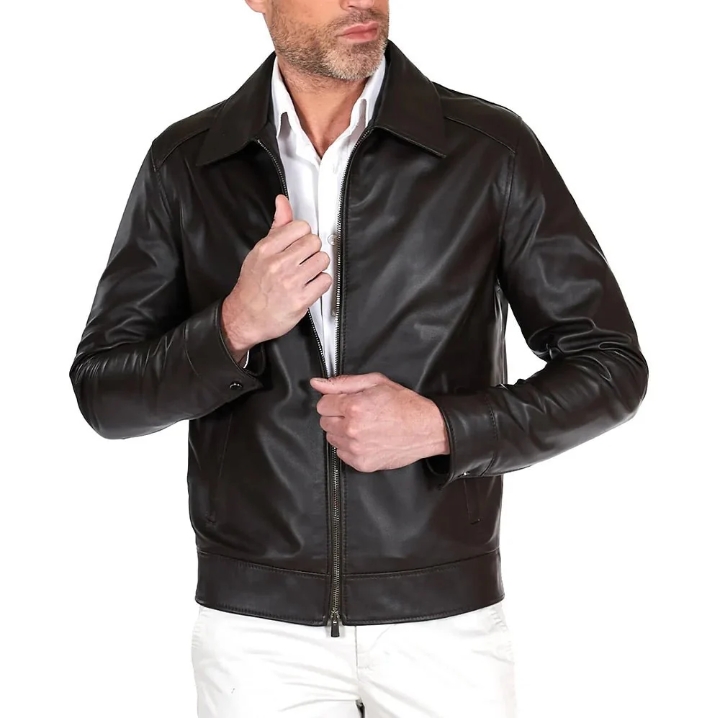 mens john dark choco brown shirt collar leather jacket