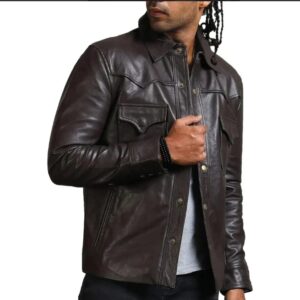 men's governor trucker dark brown leather jacket