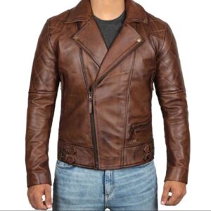 men's quilted asymmetrical dark brown leather biker jacket
