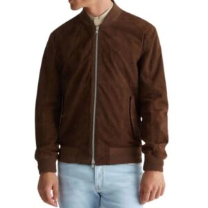 men's dark brown suede leather bomber jacket