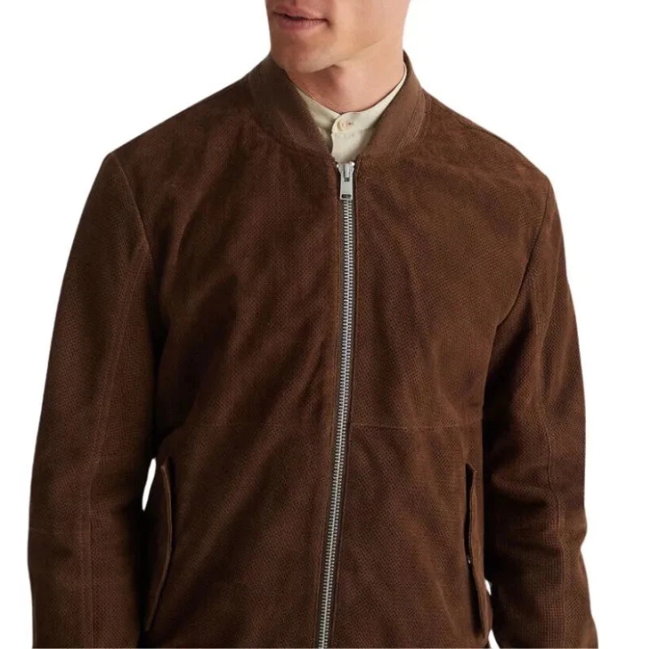 men's dark brown suede leather bomber jacket