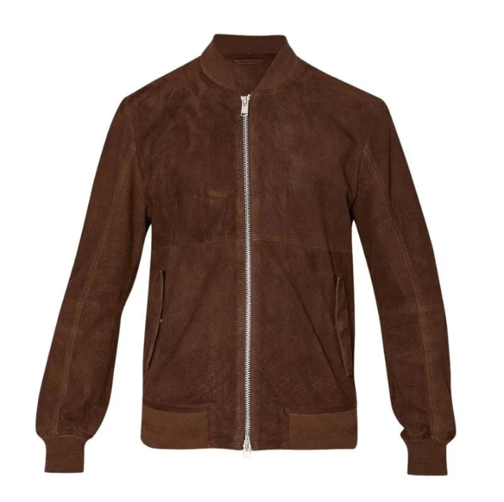 men's dark brown suede leather bomber jacket