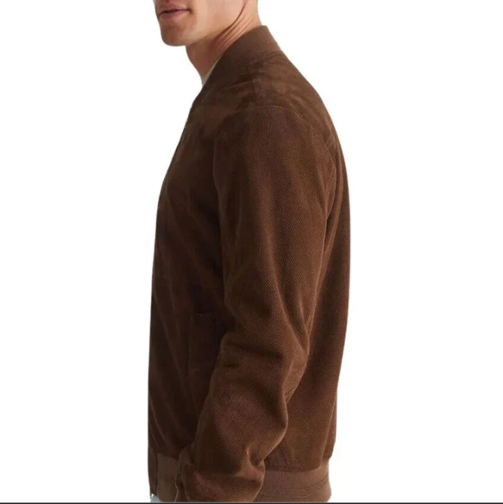 men's dark brown suede leather bomber jacket
