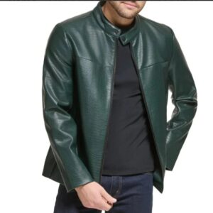 men's green quilted croco style cafe racer leather jacket