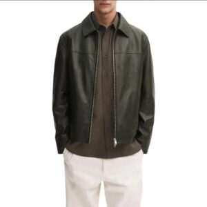 classic men's dark green shirt collar leather jacket