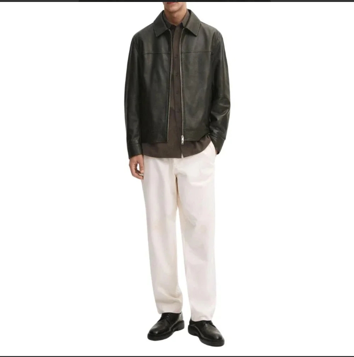 classic men's dark green shirt collar leather jacket