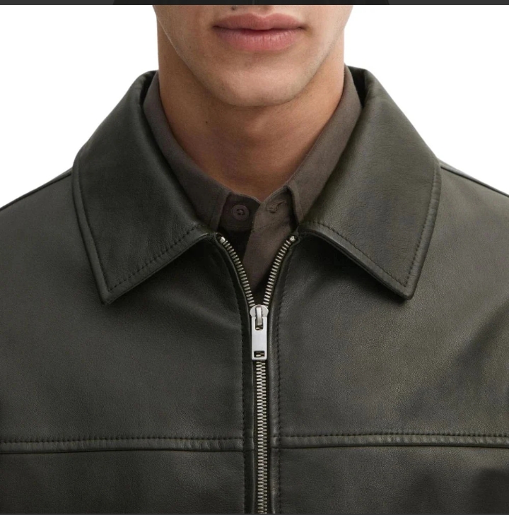 classic men's dark green shirt collar leather jacket