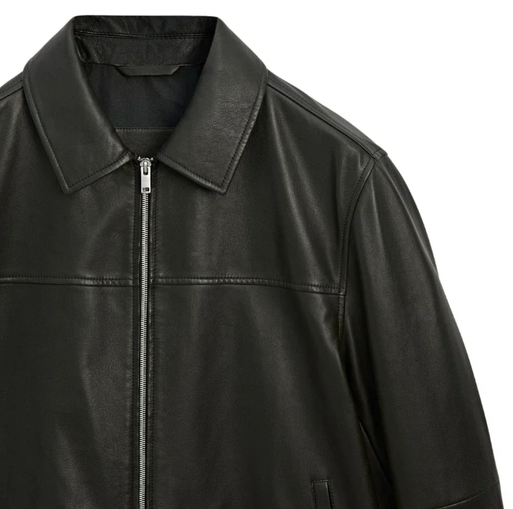 classic men's dark green shirt collar leather jacket