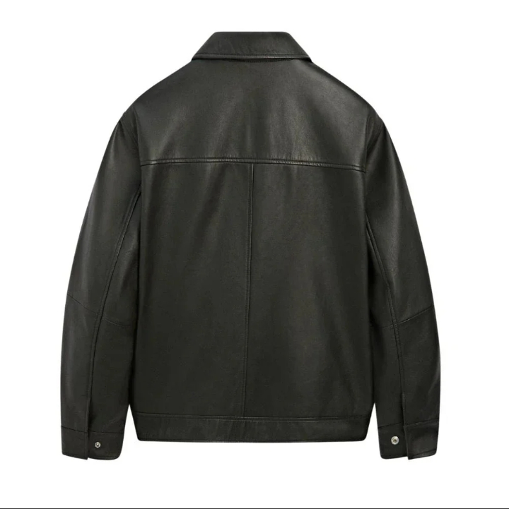 classic men's dark green shirt collar leather jacket