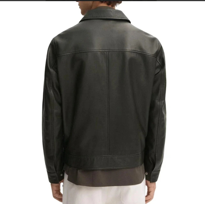 classic men's dark green shirt collar leather jacket