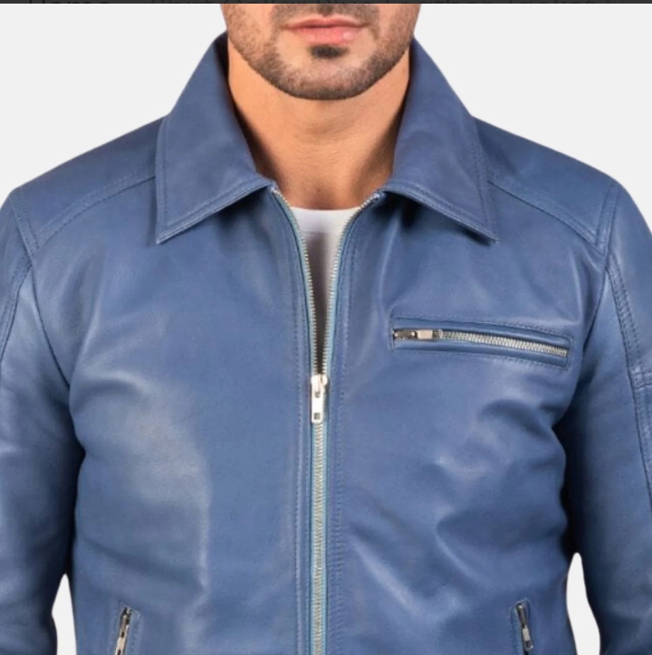 shirt collar blue leather jacket mens