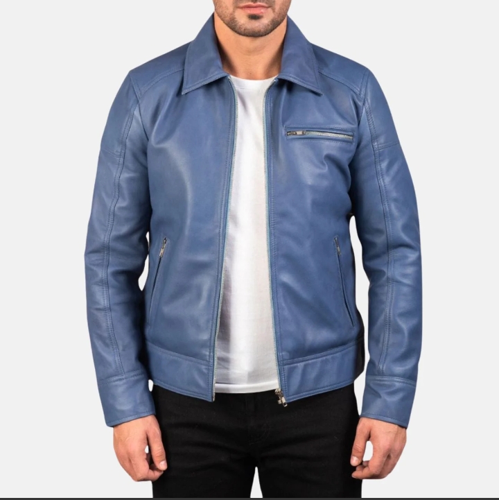 shirt collar blue leather jacket mens