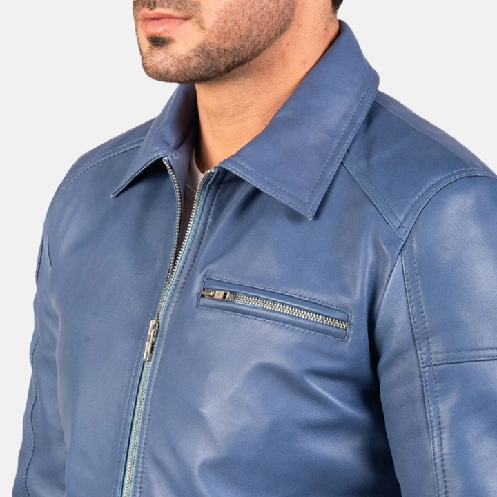 shirt collar blue leather jacket mens