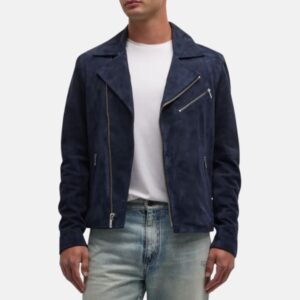 men's dark blue suede asymmetrical moto jacket