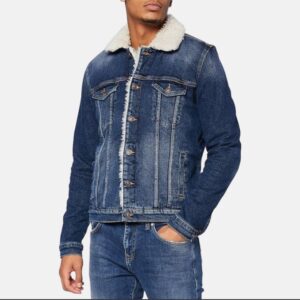classic men's blue denim jacket with sherpa collar