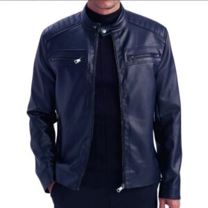 mens genuine lambskin blue café racer leather jacket