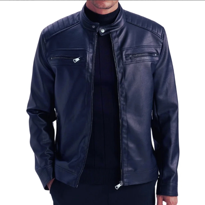 mens genuine lambskin blue café racer leather jacket