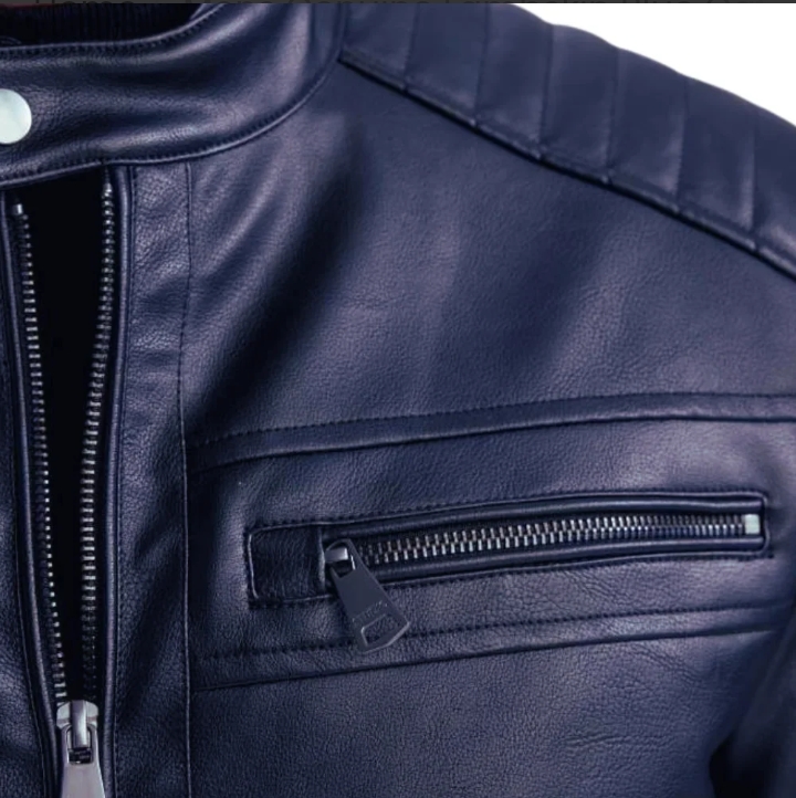 mens genuine lambskin blue café racer leather jacket
