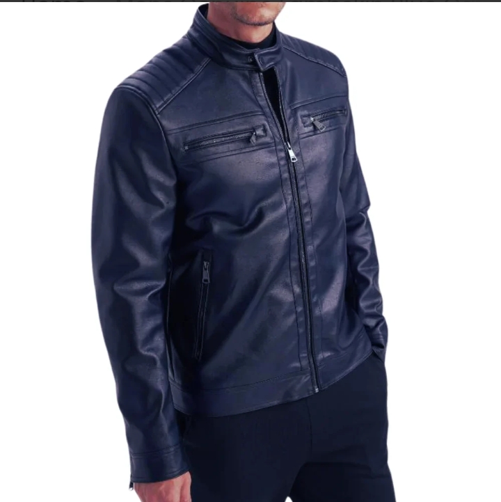 mens genuine lambskin blue café racer leather jacket