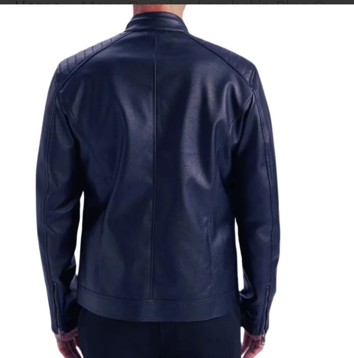 mens genuine lambskin blue café racer leather jacket