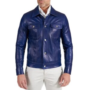 real lambskin shirt collar blue leather jacket mens
