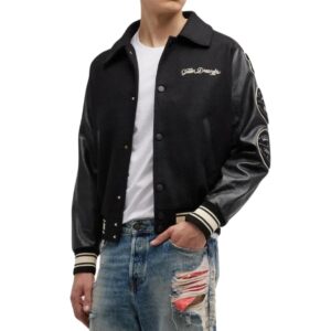 mens black wool college bomber jacket with leather sleeves