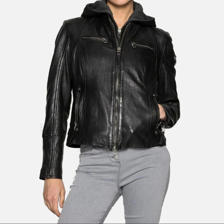 womens black cafe racer jacket with removable hood