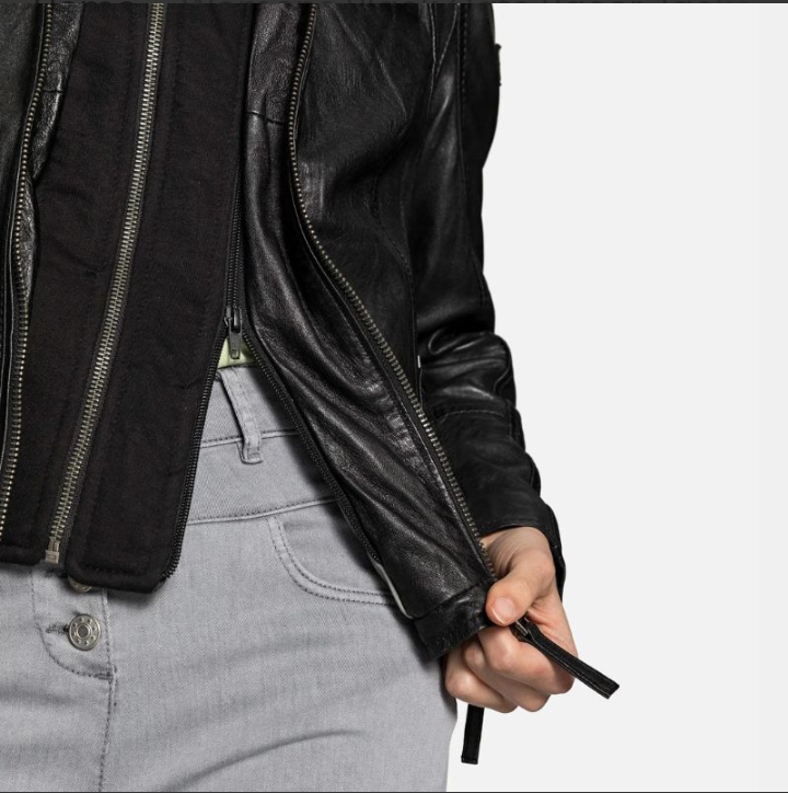 womens black cafe racer jacket with removable hood