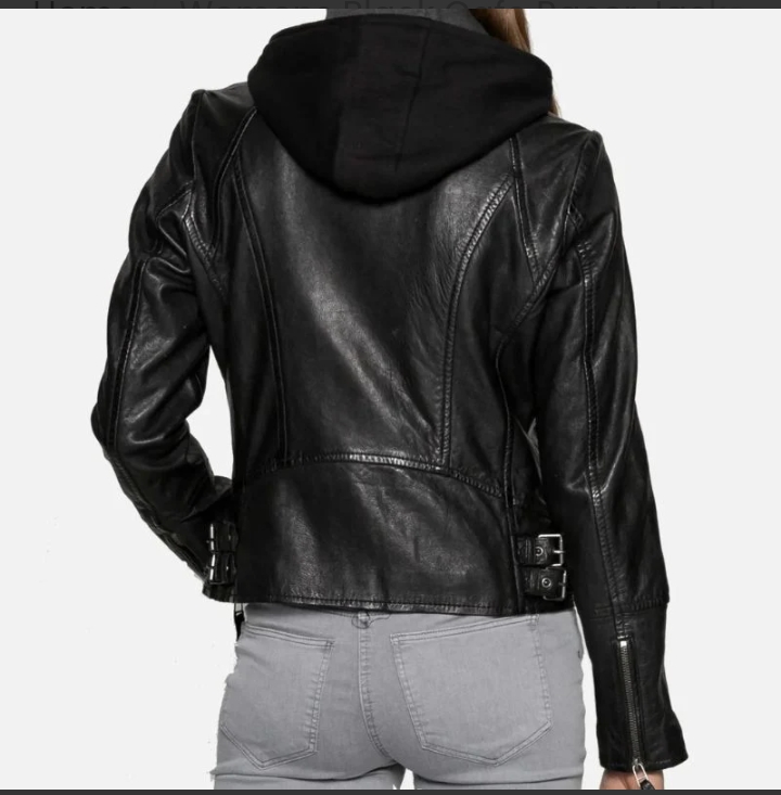 womens black cafe racer jacket with removable hood