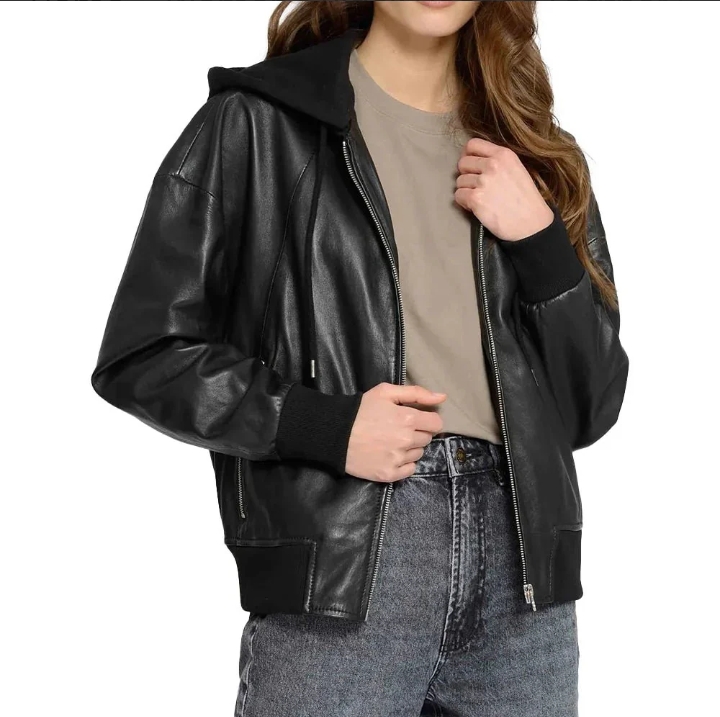 Women's Black Hooded Leather Bomber Jacket | Removable Hood
