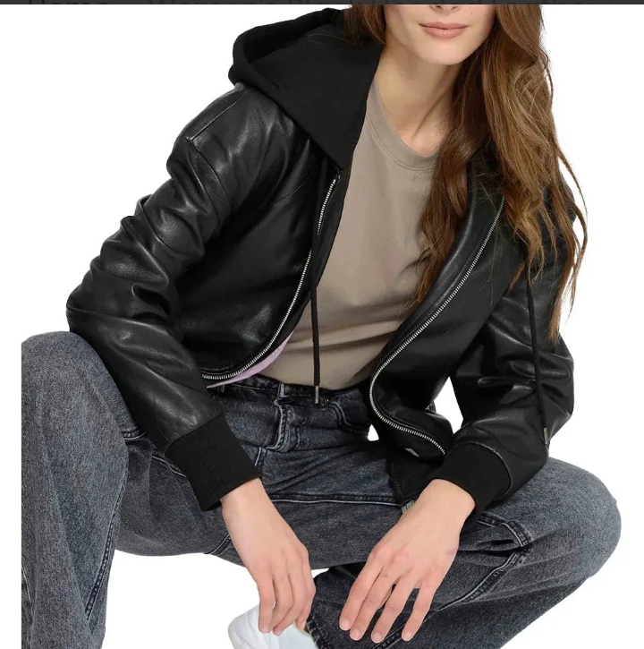 Women's Black Hooded Leather Bomber Jacket | Removable Hood