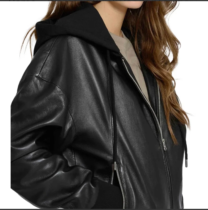 women's black hooded leather bomber jacket with removable hood