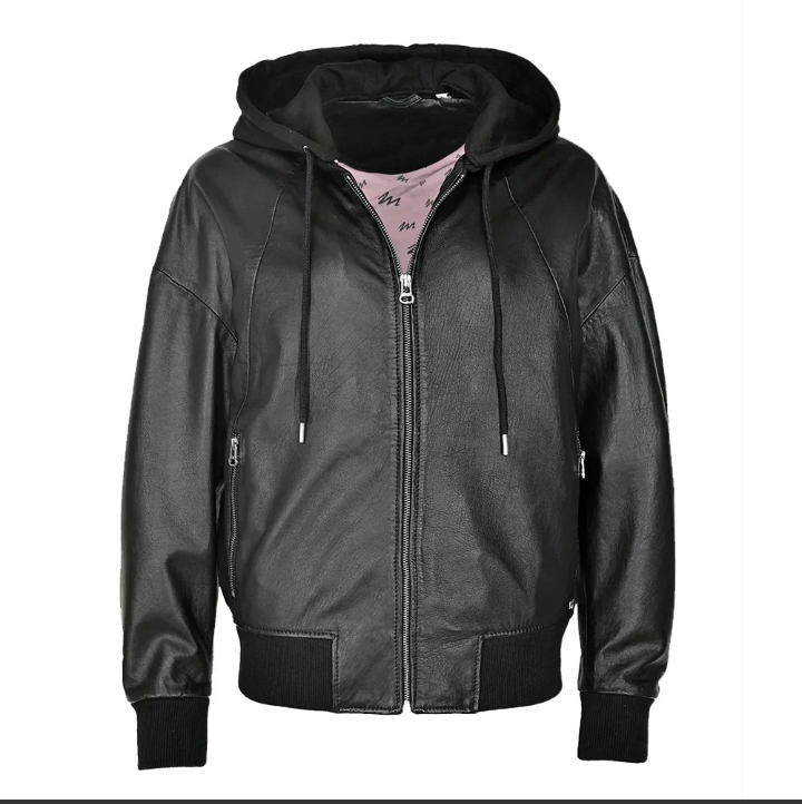 women's black hooded leather bomber jacket with removable hood