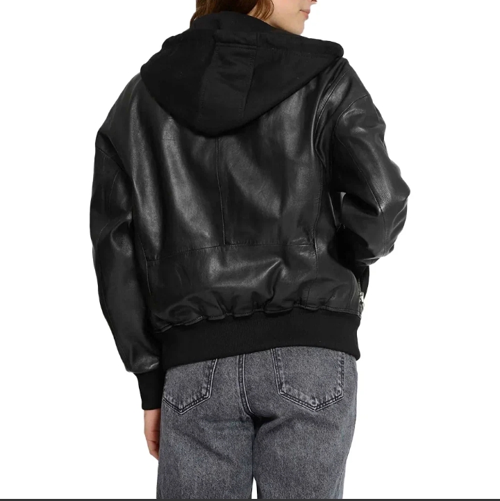 Women's Black Hooded Leather Bomber Jacket | Removable Hood
