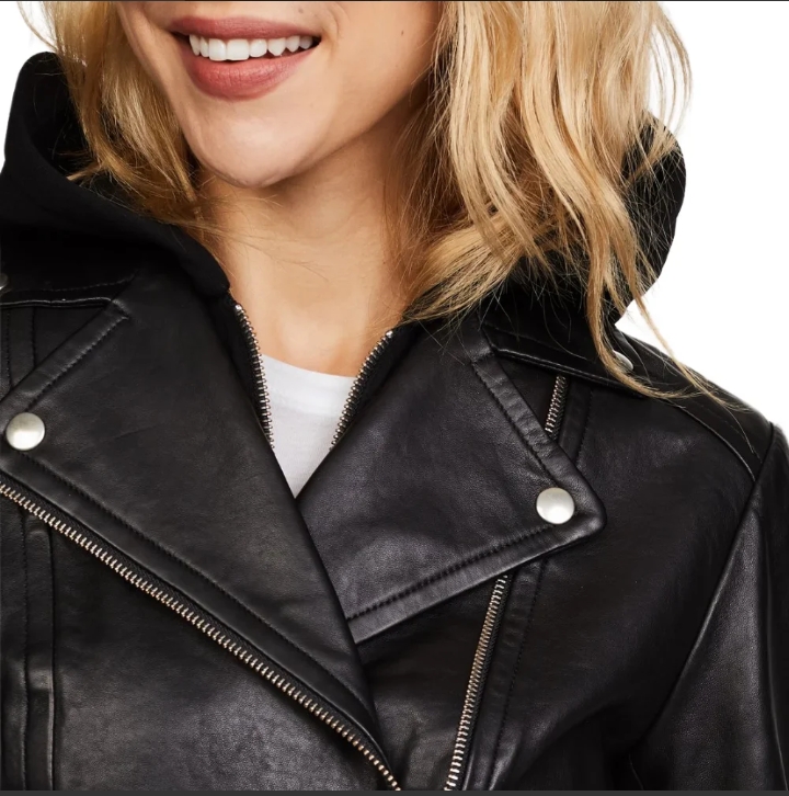 billie black womens real leather biker jacket with hood
