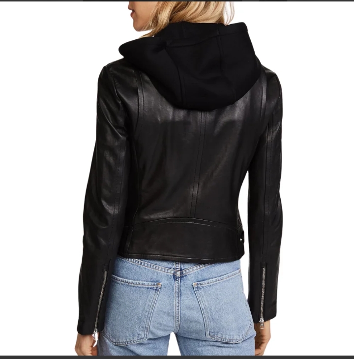 billie black womens real leather biker jacket with hood
