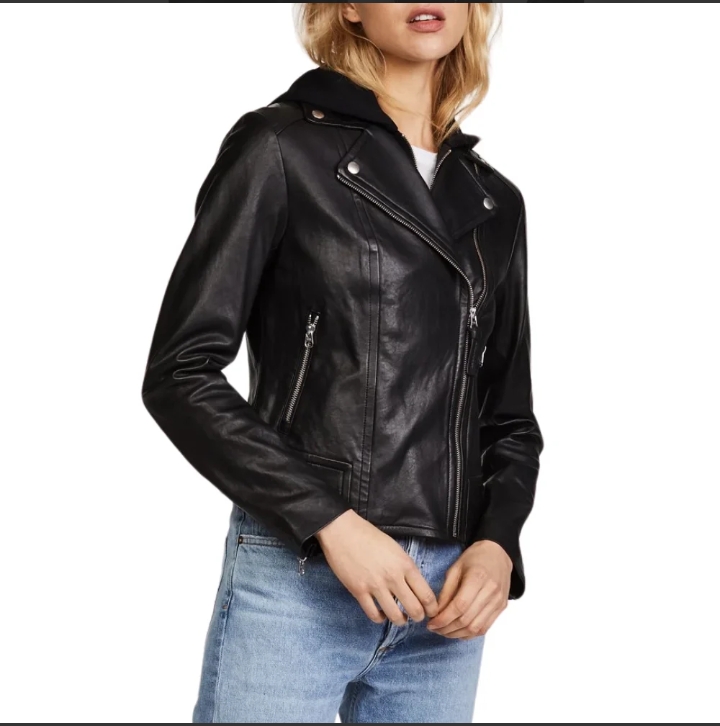 billie black womens real leather biker jacket with hood