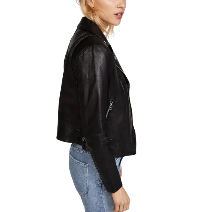 billie black womens real leather biker jacket with hood