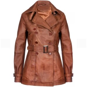 women's brown double breasted mid length leather trench coat