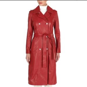 womens double breasted red long leather coat