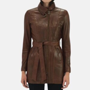 women's 3/4 length belted leather brown trench coat