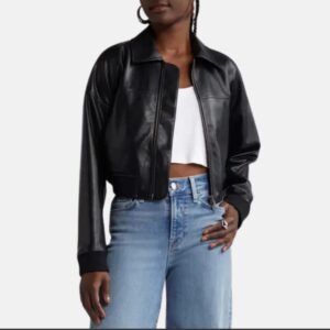 black leather cropped bomber jacket womens