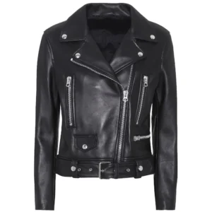 slim fit belted black motorcycle jacket for women