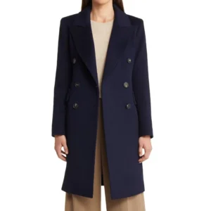 women's classic dark blue double breasted wool trench coat