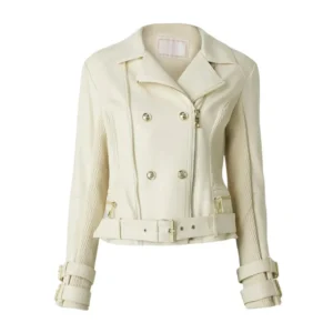 women's double breasted dove white leather biker jacket