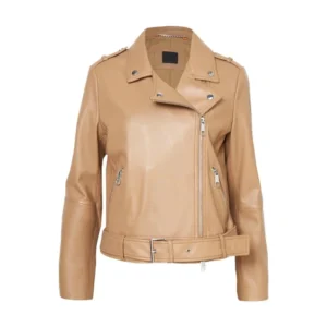 women's light pastel brown leather biker jacket