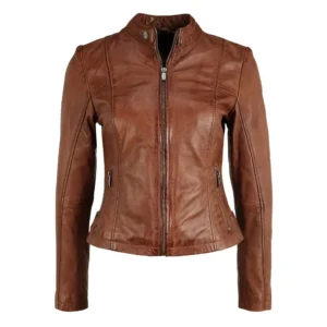 women's stand up collar cognac brown leather jacket