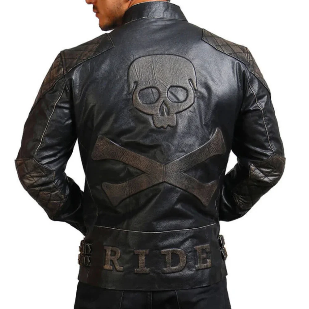 men's asymmetrical bones and skull leather jacket